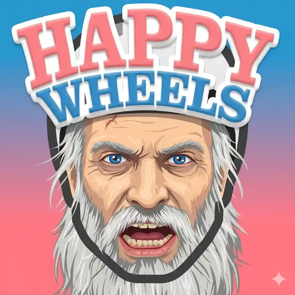 Happy Wheels game thumbnail featuring the old man character with a white beard wearing a helmet, under the official pink and blue game logo.